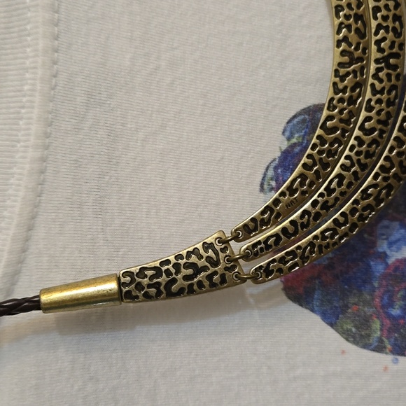 Necklace,animal print,brown vegan cord,gold tone hardware,choker - Picture 2 of 4